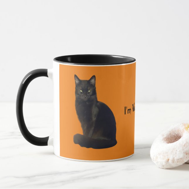 Black Cat Staring | Orange | Ich beobachte dich Tasse (Mit Donut)