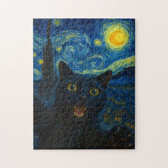 Black Cat Starry Night Van Gogh Cat Selfie (Vertikal)