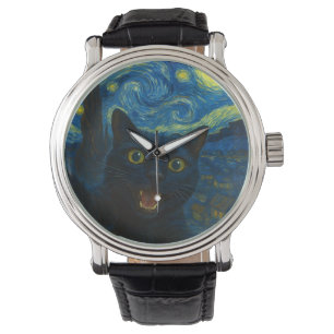 Black Cat Starry Night Van Gogh Cat Selfie Armbanduhr