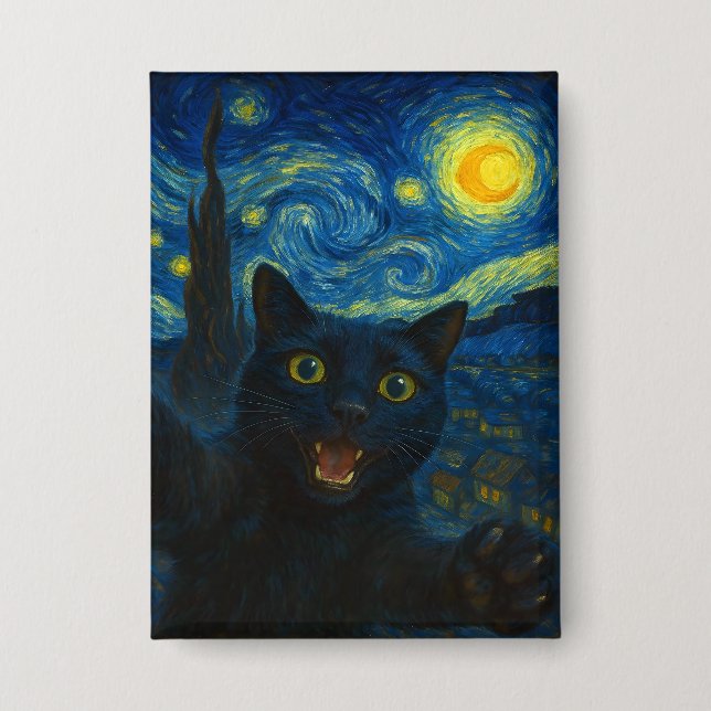 Black Cat Starry Night Van Gogh Cat Selfie Button (Vorderseite)