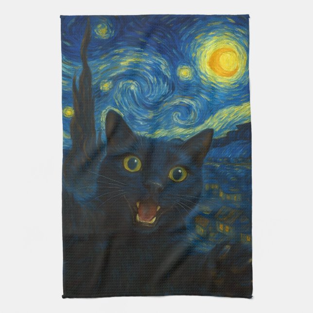 Black Cat Starry Night Van Gogh Cat Selfie Geschirrtuch (Vertikal)