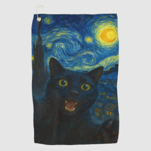 Black Cat Starry Night Van Gogh Cat Selfie Golfhandtuch