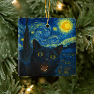 Black Cat Starry Night Van Gogh Cat Selfie Keramikornament