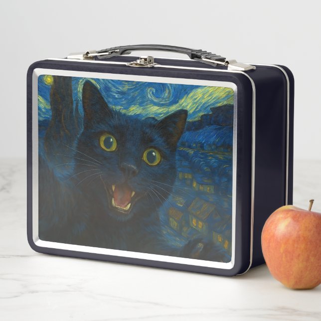 Black Cat Starry Night Van Gogh Cat Selfie Metall Brotdose (Beispiel)