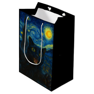 Black Cat Starry Night Van Gogh Cat Selfie Mittlere Geschenktüte