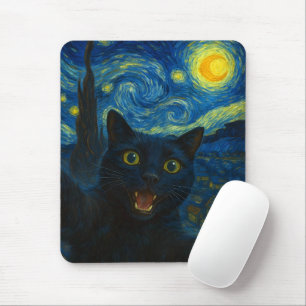 Black Cat Starry Night Van Gogh Cat Selfie Mousepad