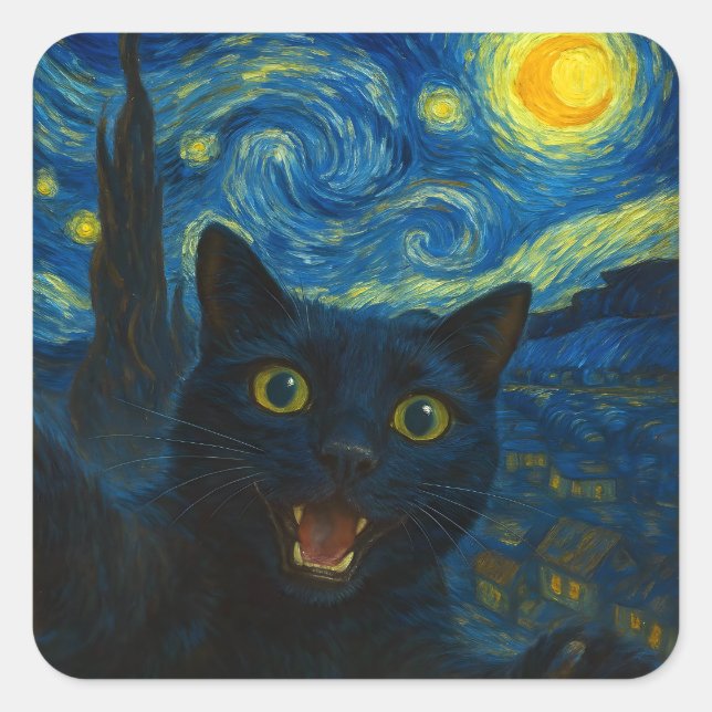 Black Cat Starry Night Van Gogh Cat Selfie Quadratischer Aufkleber (Vorderseite)