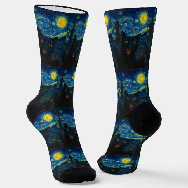 Black Cat Starry Night Van Gogh Cat Selfie Socken (Gewinkelt)