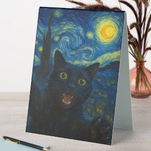 Black Cat Starry Night Van Gogh Cat Selfie Tischaufsteller