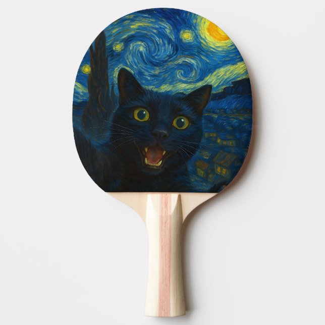 Black Cat Starry Night Van Gogh Cat Selfie Tischtennis Schläger (Vorderseite)
