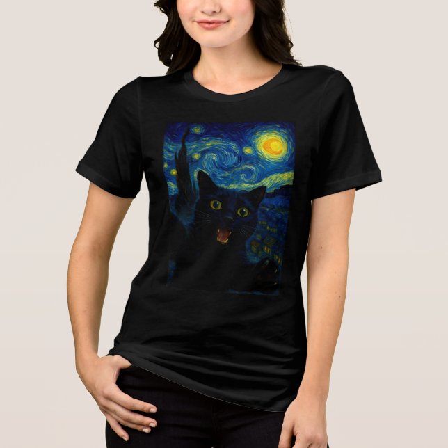 Black Cat Starry Night Van Gogh Cat Selfie Tri-Blend Shirt (Vorderseite)
