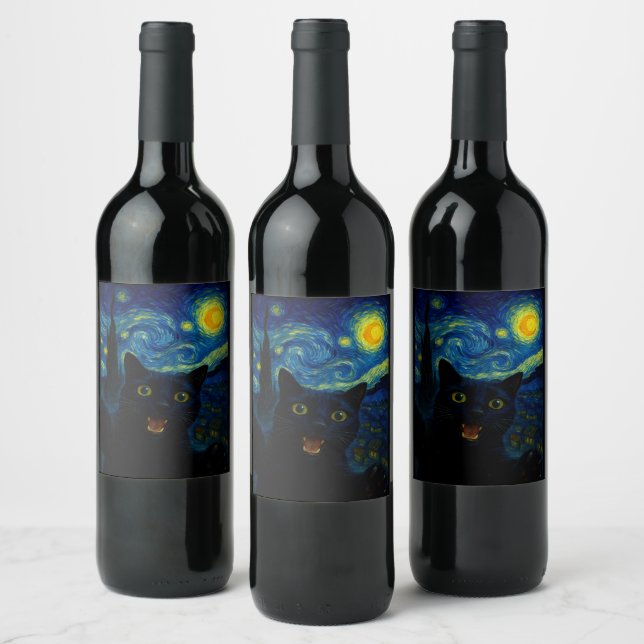 Black Cat Starry Night Van Gogh Cat Selfie Weinetikett (Flaschen)