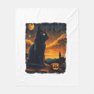Black Cat Starry Night Van Gogh Pumpkins Bats Hall Fleecedecke