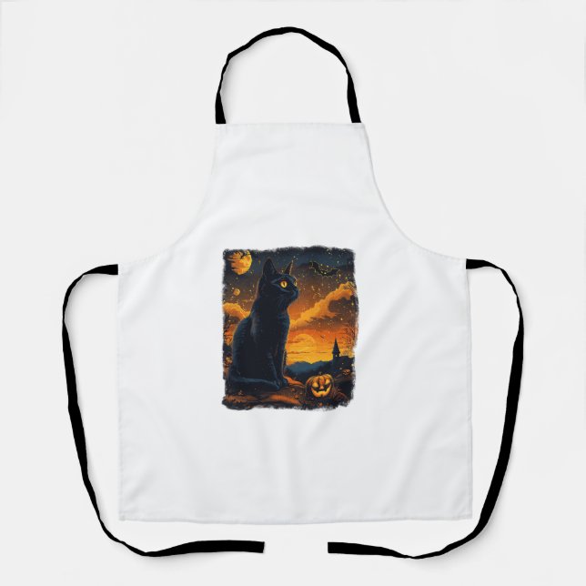 Black Cat Starry Night Van Gogh Pumpkins Bats Hall Schürze (Vorderseite)