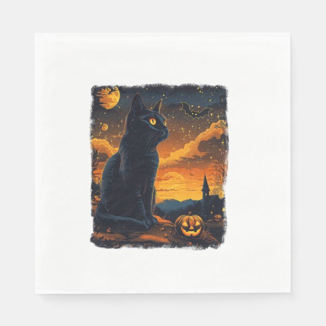 Black Cat Starry Night Van Gogh Pumpkins Bats Hall Serviette (Vorderseite)