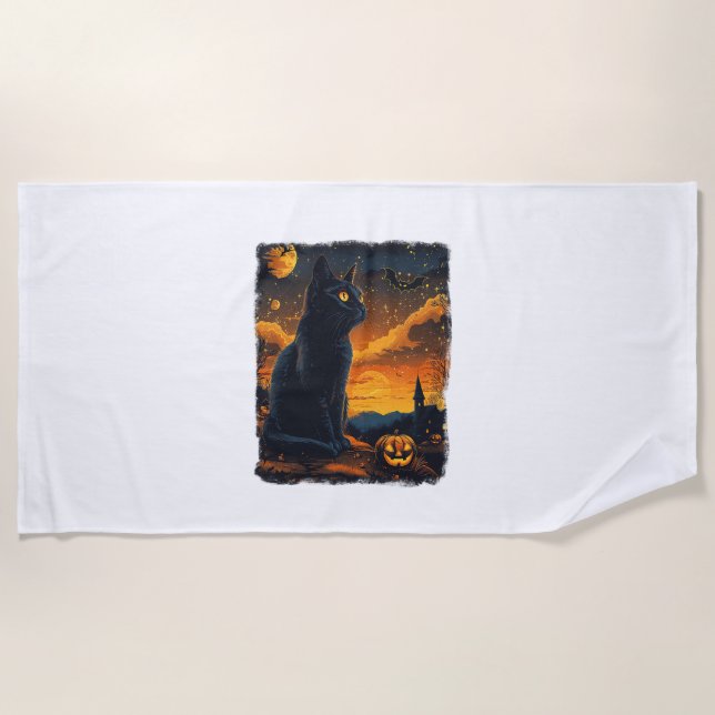 Black Cat Starry Night Van Gogh Pumpkins Bats Hall Strandtuch (Vorderseite)