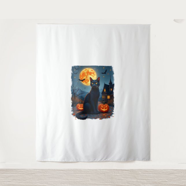 Black Cat Starry Night Van Gogh Pumpkins Bats Hall Wandteppich (Vorderseite)