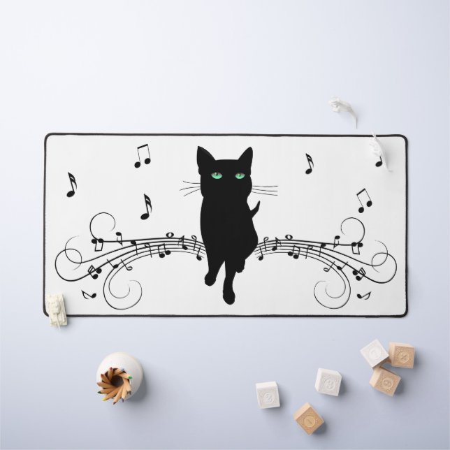 Black Cat Surrounded by Whispering Notes of Music Schreibtischunterlage (Kindertisch)