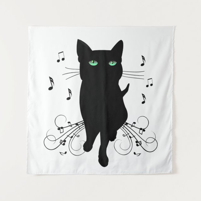 Black Cat Surrounded by Whispering Notes of Music Wandteppich (Vorderseite)