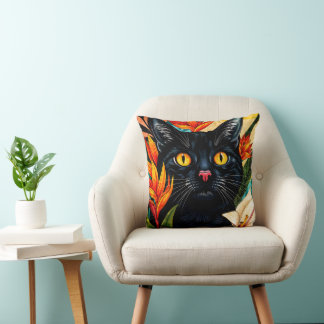 Black Cat Surrounded With Flowers Pillow Kissen