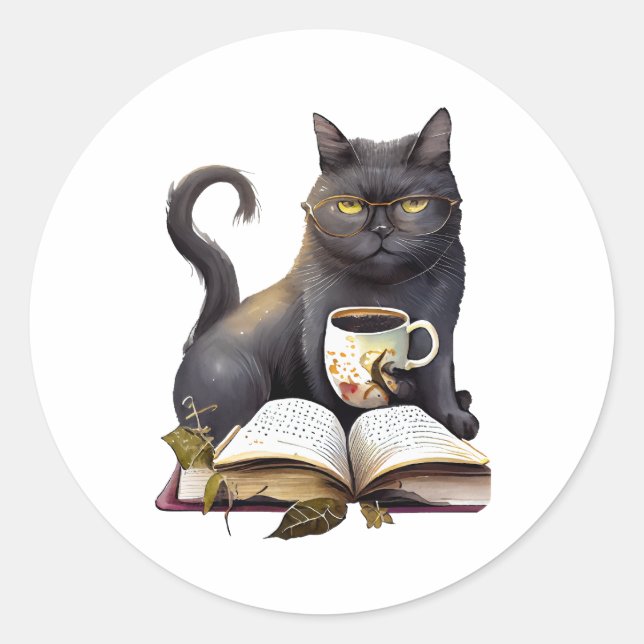 Black Cat trinken Kaffee und lesen Buch Runder Aufkleber (Vorderseite)