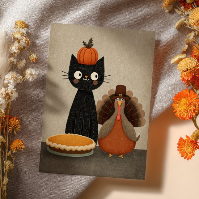Black Cat, Turkey& Pumpkin Pie Cute Thanksgiving Postkarte (Von Creator hochgeladen)