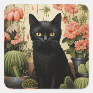 Black Cat und Cactus Pflanze Quadratischer Aufkleber