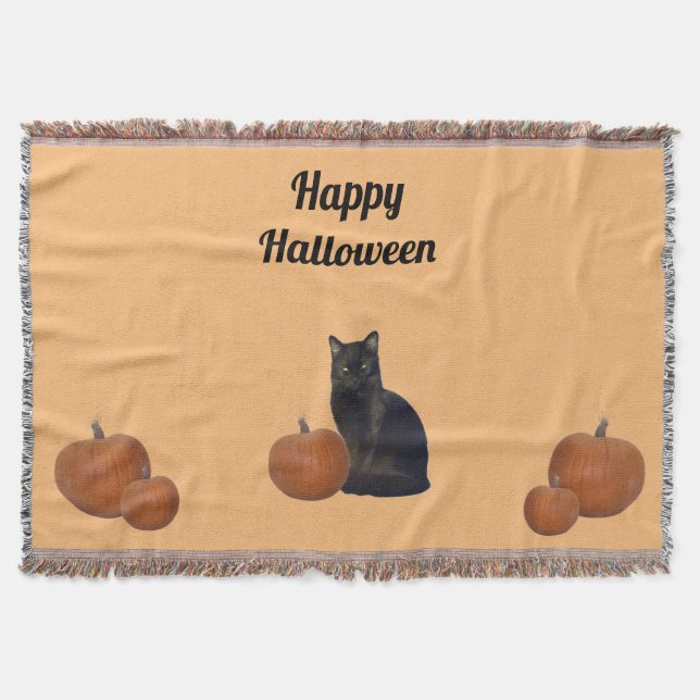 Black Cat und Five Pumpkins Happy Halloween Orange Decke (Vorderseite)