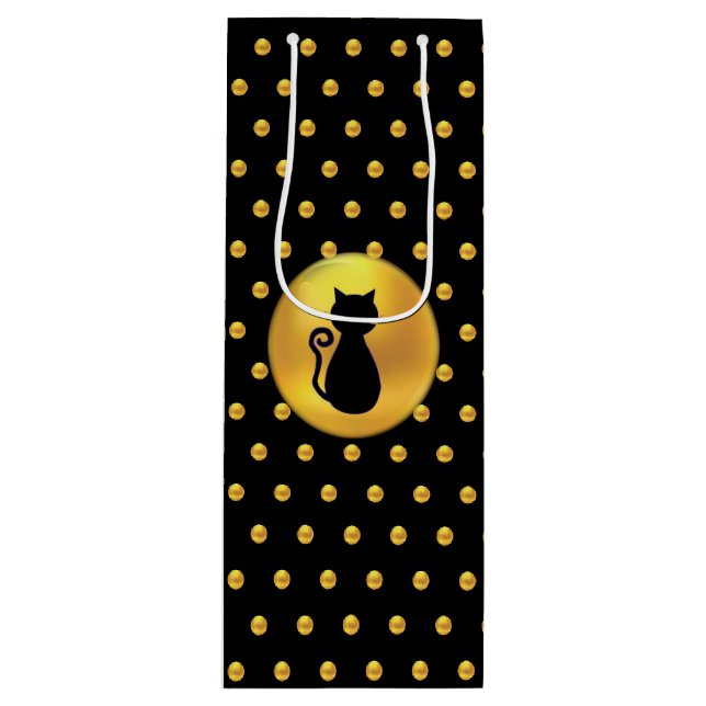 Black Cat und Gold Polka Dots Geschenktüte Für Weinflaschen (Vorderseite)