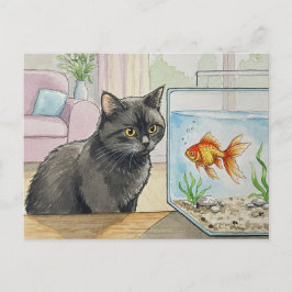Black Cat und Goldfish Postkarte