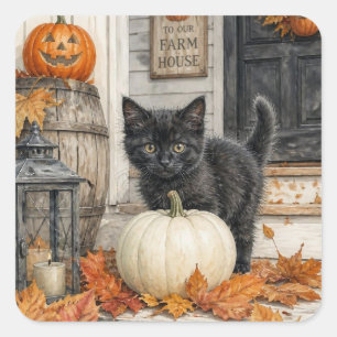 Black Cat und Kürbisfarmhaus Halloween Quadratischer Aufkleber