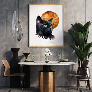 Black Cat und Moon Stretched Canvas Print Leinwanddruck