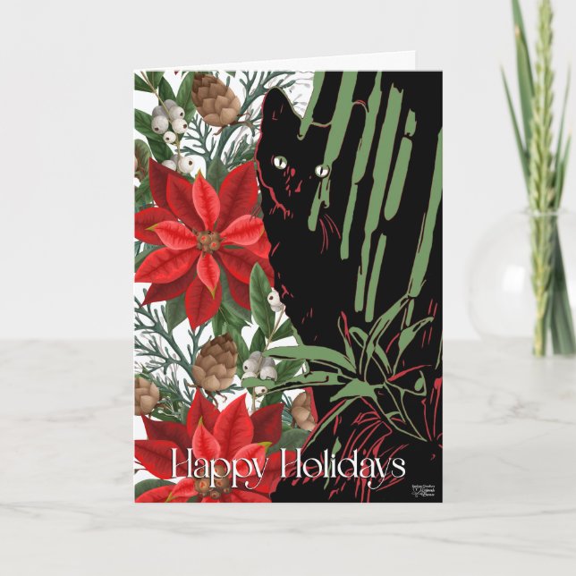 Black Cat und Poinsettia Design Feiertagskarte (Vorderseite)