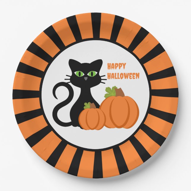 Black Cat und Pumpkins Happy Halloween Paper Plate Pappteller (Vorderseite)