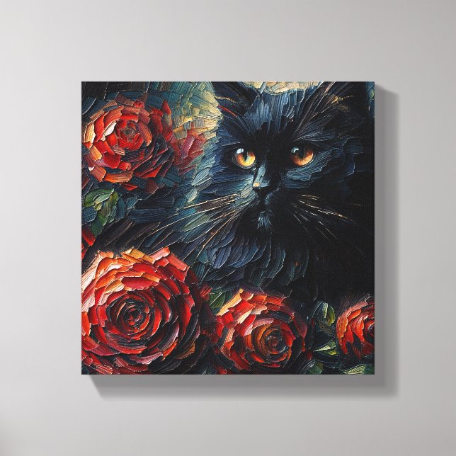 Black Cat unter Rote Rosen Goth Leinwanddruck (Vorderseite)