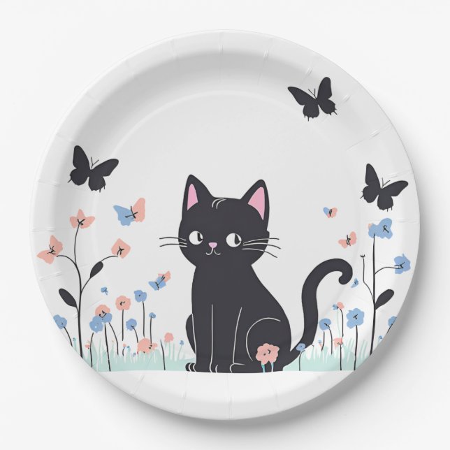 Black Cat Watching Butterfells Pappteller (Vorderseite)
