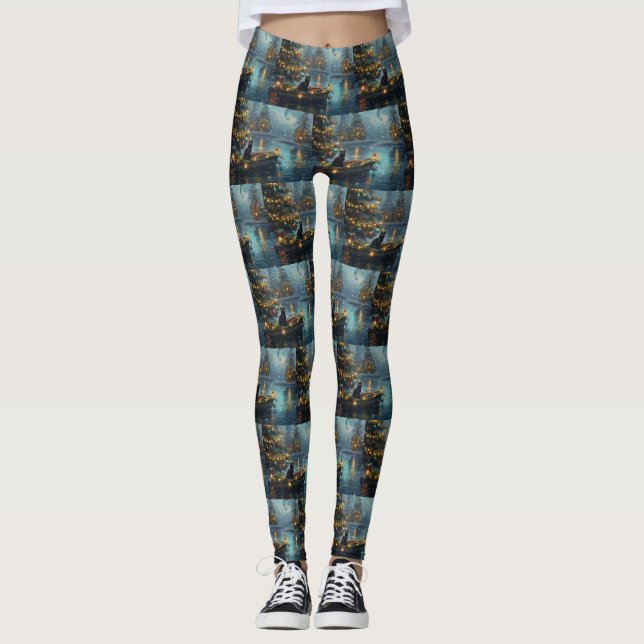 Black Cat Weihnachten Feierliche Reise Leggings (Vorderseite)