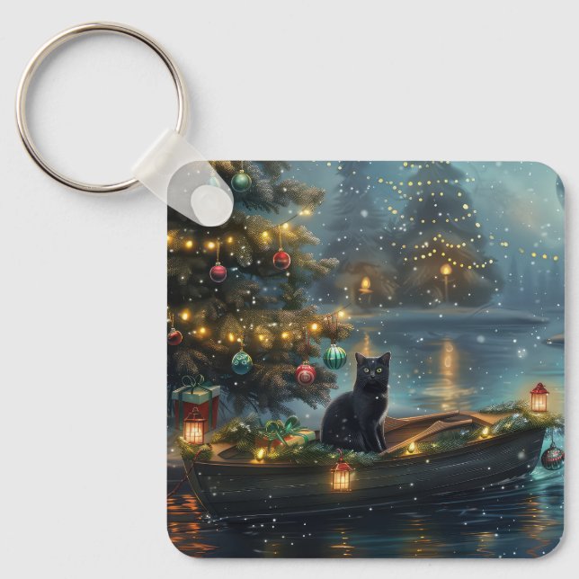 Black Cat Weihnachten Feierliche Reise Schlüsselanhänger (Vorderseite)