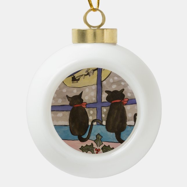 Black Cat Weihnachts-Keramik Ball Tree Dekoration Keramik Kugel-Ornament (Vorderseite)