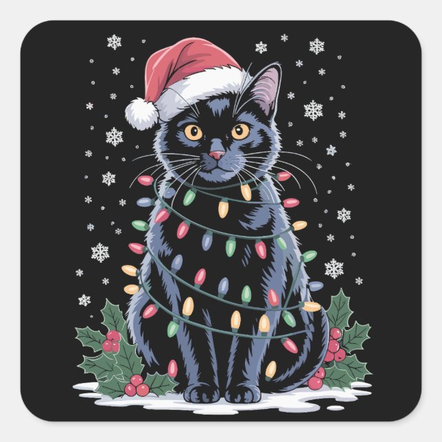 Black Cat Weihnachts-Weihnachtsmannmütze Funny Meo Quadratischer Aufkleber (Vorderseite)