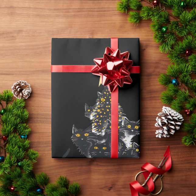 Black Cat Weihnachtsbaum Design Sparkling Sterne Geschenkpapier (Feiertagsgeschenk)