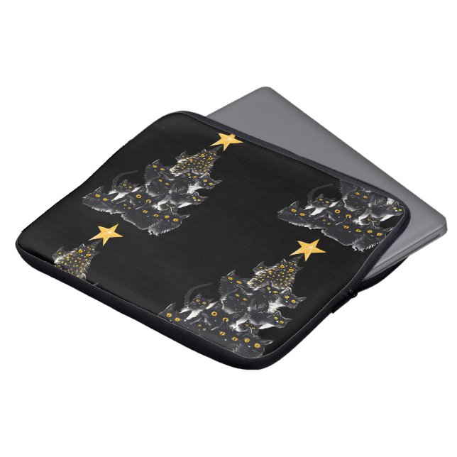 Black Cat Weihnachtsbaum Design Sparkling Sterne Laptopschutzhülle (Vorne Oben)