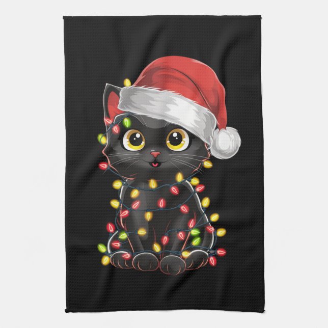 Black Cat Weihnachtsbaum Lichter Funny Santa Kitte Geschirrtuch (Vertikal)