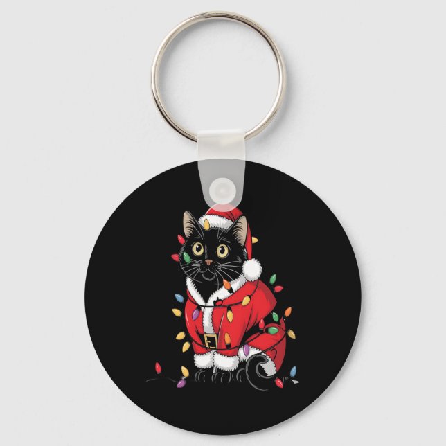 Black Cat Weihnachtsbaum Lichter Funny Santa Kitte Schlüsselanhänger (Vorderseite)