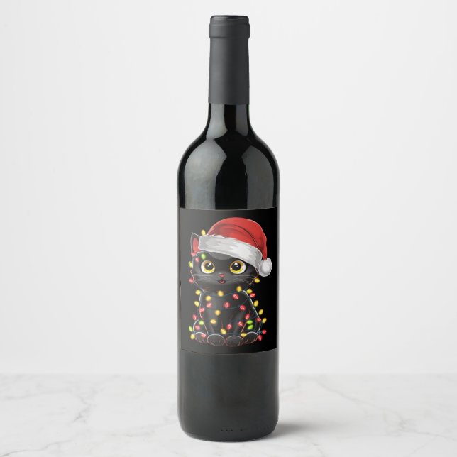 Black Cat Weihnachtsbaum Lichter Funny Santa Kitte Weinetikett (Vorderseite)