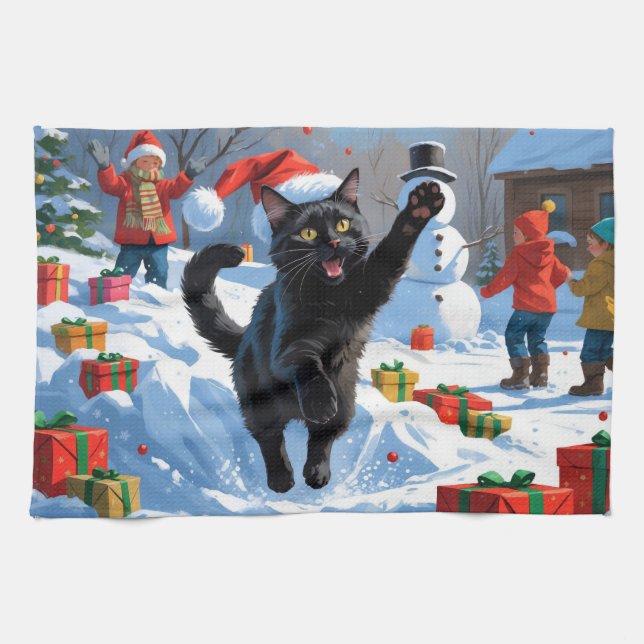 Black Cat Weihnachtsfest Schneeszene Geschirrtuch (Horizontal)