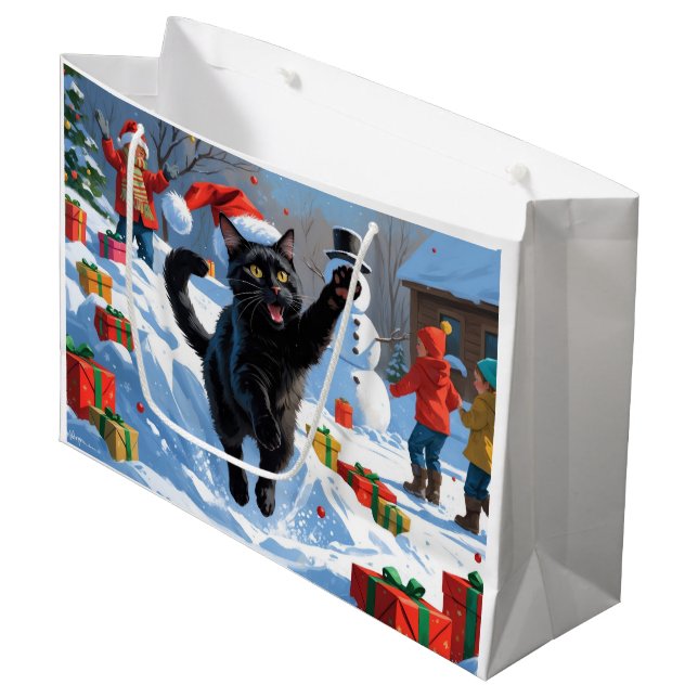 Black Cat Weihnachtsfest Schneeszene Große Geschenktüte (Vorderseite Schrägansicht)