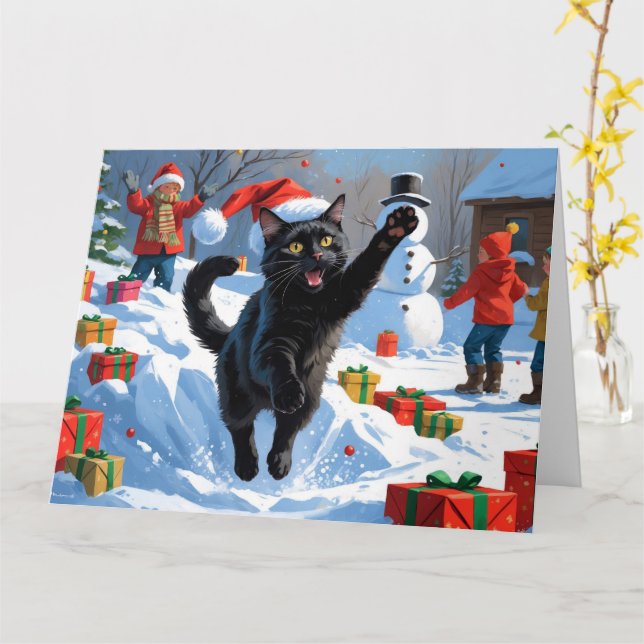 Black Cat Weihnachtsfest Schneeszene Karte (Gelbe Blume)