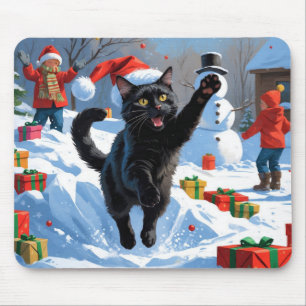 Black Cat Weihnachtsfest Schneeszene Mousepad