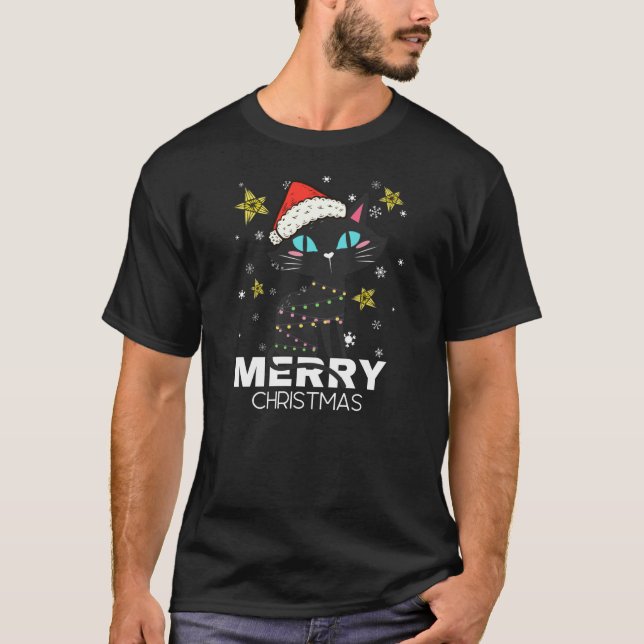 Black Cat Weihnachtslicht / Cat Lover Weihnachten T-Shirt (Vorderseite)